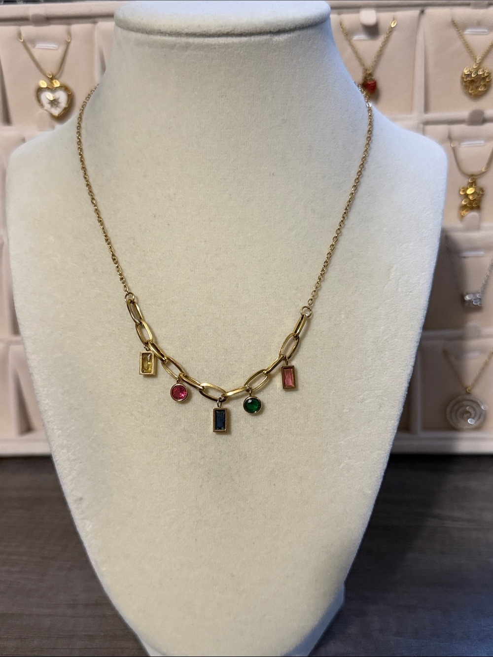 Gold plated stainless steel multi color charm necklace
